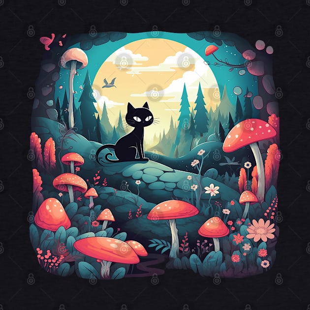 Mushroom Fairy Black Cat Landscape by nonbeenarydesigns